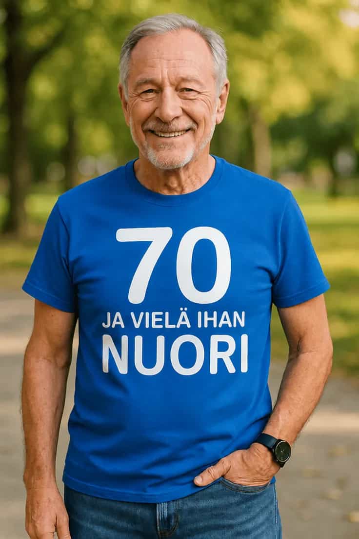 Hauska t-paita 70 ja yhĂ€ nuori â 70 JA VIELĂ IHAN