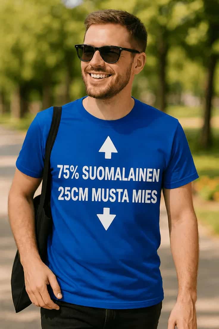 Hauska t-paita 75 prosenttia suomalainen