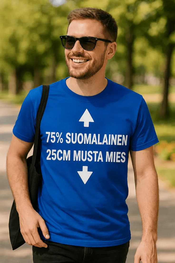 Hauska t-paita 75 prosenttia suomalainen