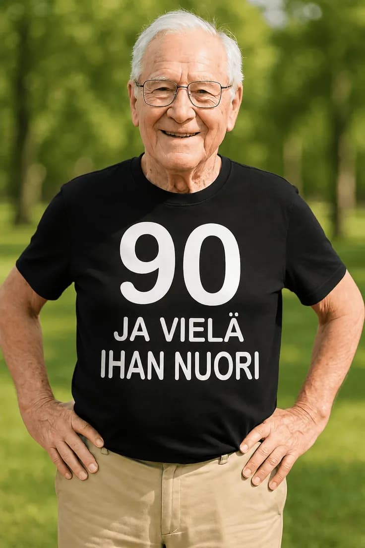 Hauska t-paita 90 ja yhä nuori – 90 JA VIELÄ