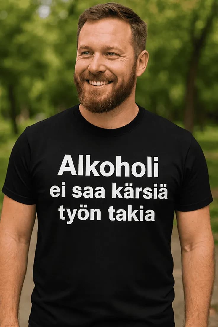 Hauska t-paita Alkoholi ei saa kärsiä työstä