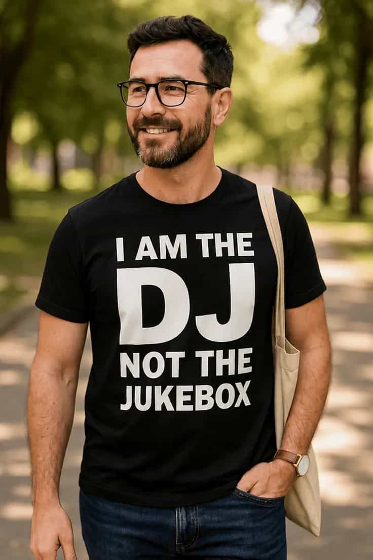 Hauska t-paita Dj ei jukeboksi – I AM THE DJ NOT THE JUKEBOX