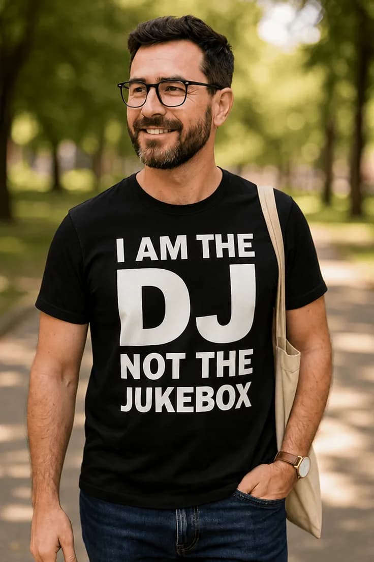 Hauska t-paita Dj ei jukeboksi – I AM THE DJ NOT THE JUKEBOX