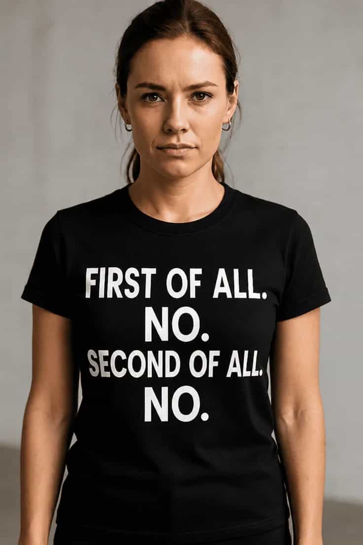 Hauska t-paita Ei todellakaan – FIRST OF ALL. NO.