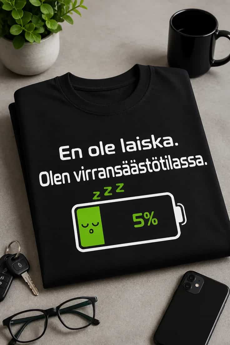 Hauska t-paita – En ole laiska. Olen virransäästötilassa.