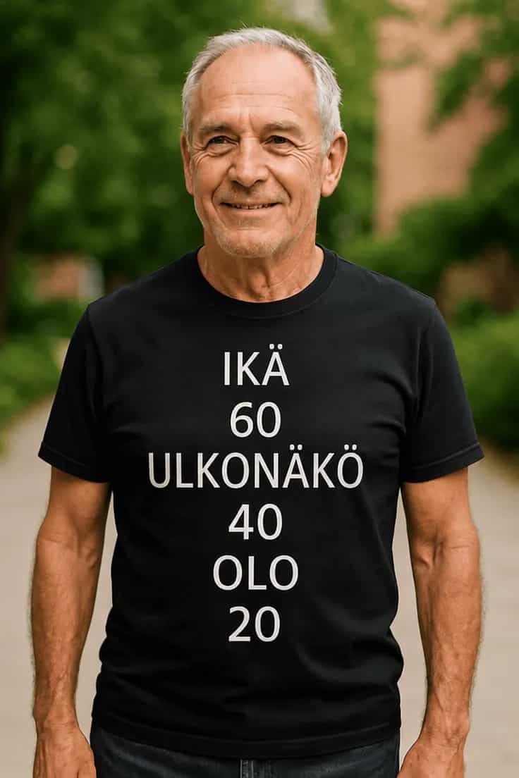 Hauska t-paita Ikä 60 olo 20 – IKÄ 60 OLO 20