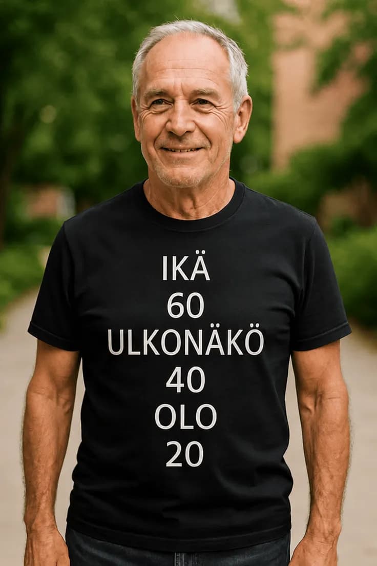 Hauska t-paita Ikä 60 olo 20 – IKÄ 60 OLO 20