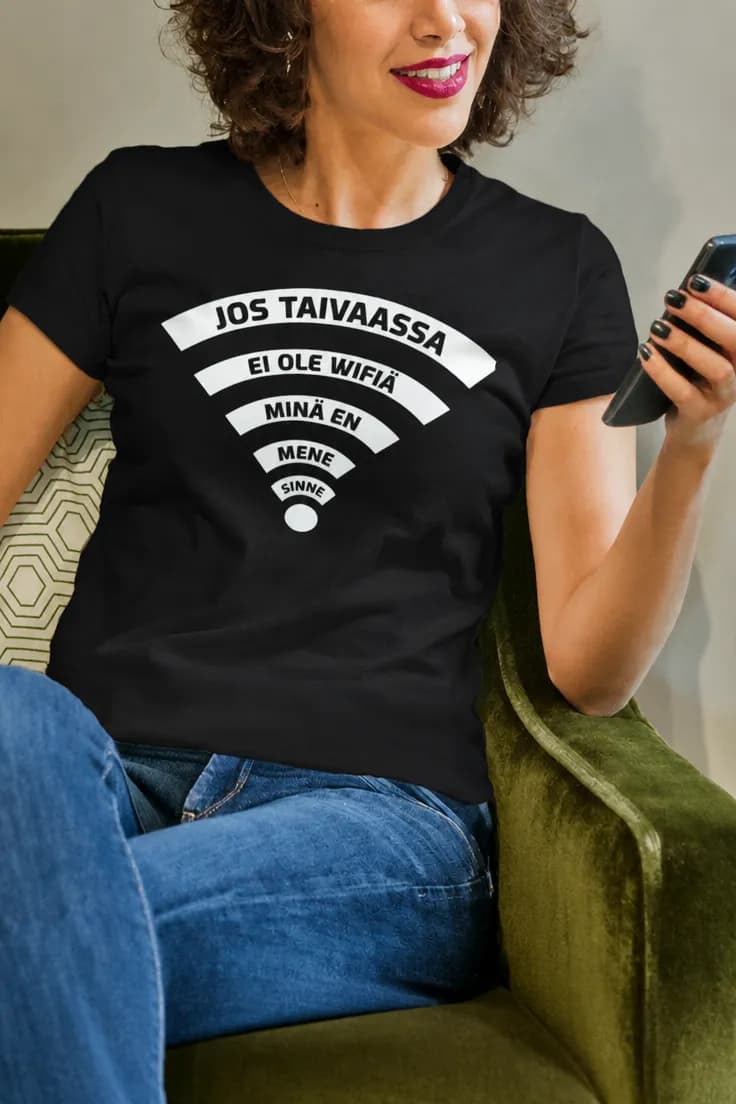 Hauska t-paita Jos taivaassa ei ole wifiä