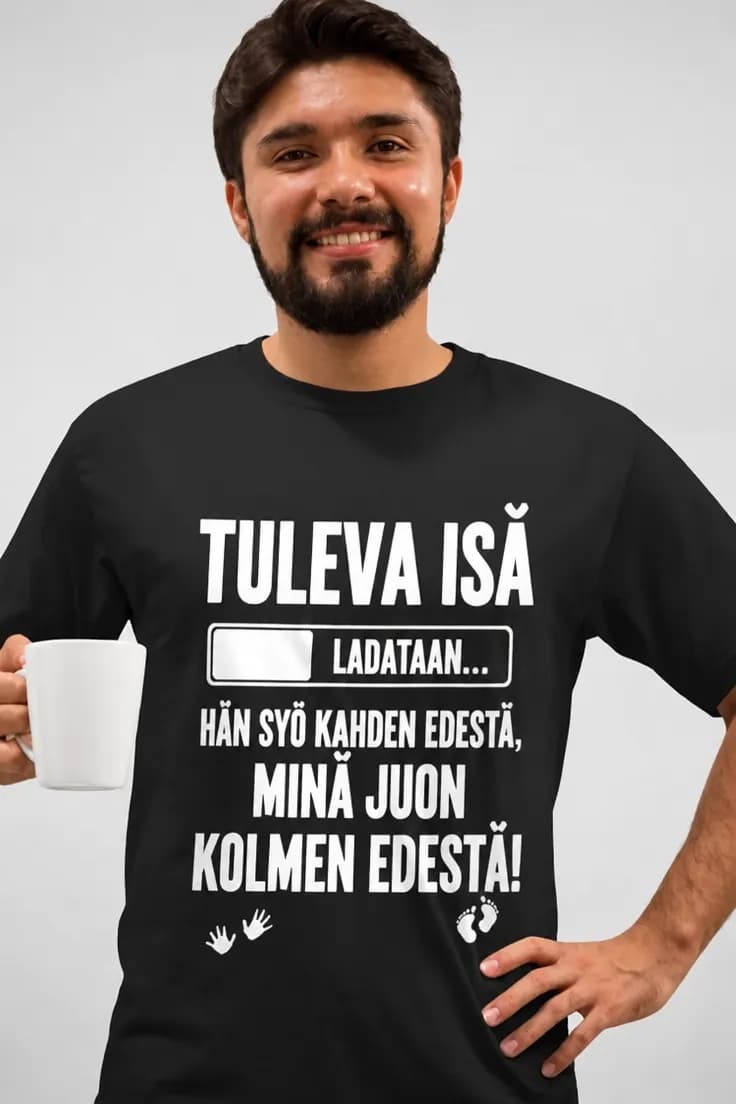 Hauska t-paita Juon kolmen edestä – Tuleva isä
