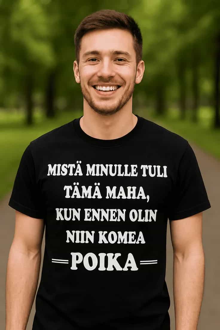 Hauska t-paita Mistä tämä maha tuli – MISTÄ MINULLE