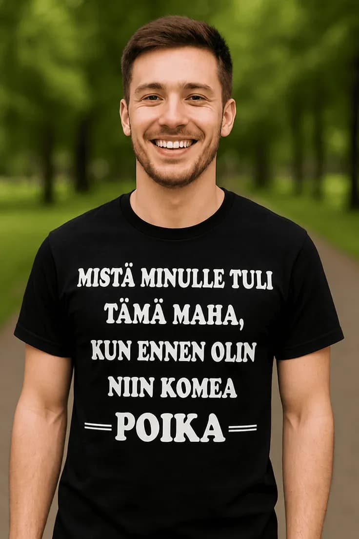 Hauska t-paita Mistä tämä maha tuli – MISTÄ MINULLE