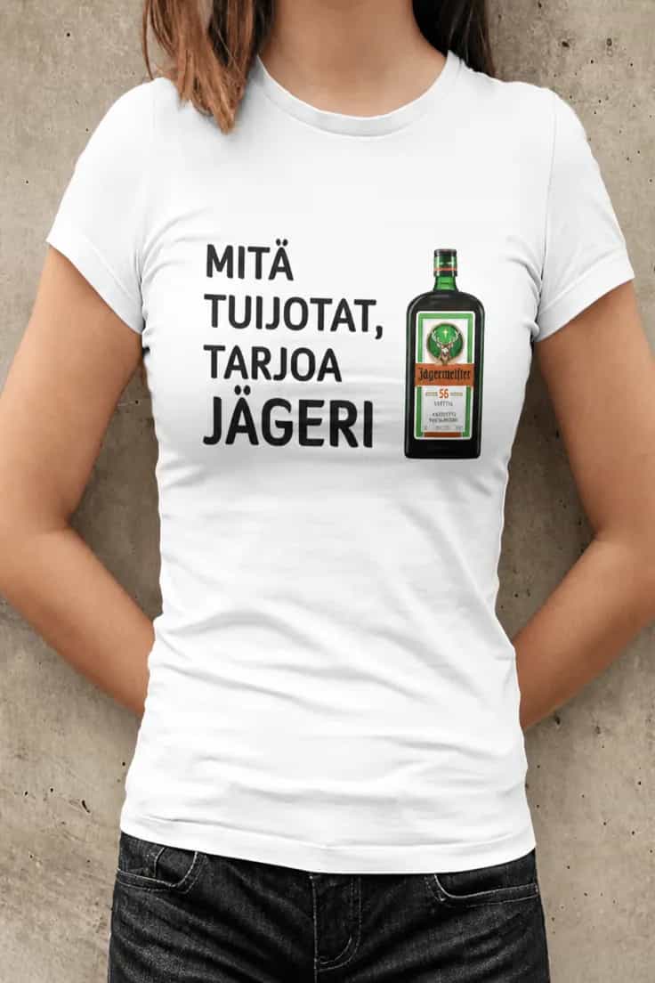 Hauska t-paita Mitä tuijotat tarjoa jägeri