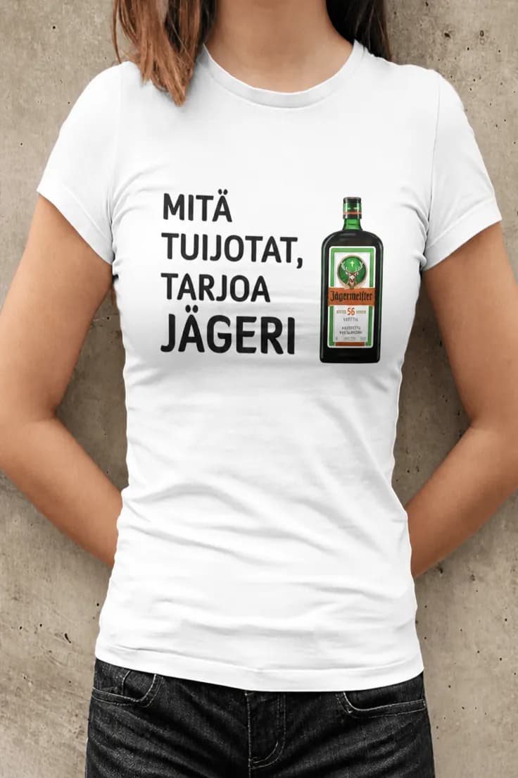 Hauska t-paita Mitä tuijotat tarjoa jägeri