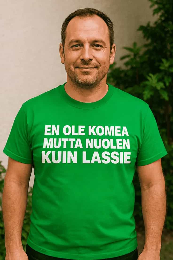 Hauska t-paita Nuolen kuin Lassie – EN OLE KOMEA