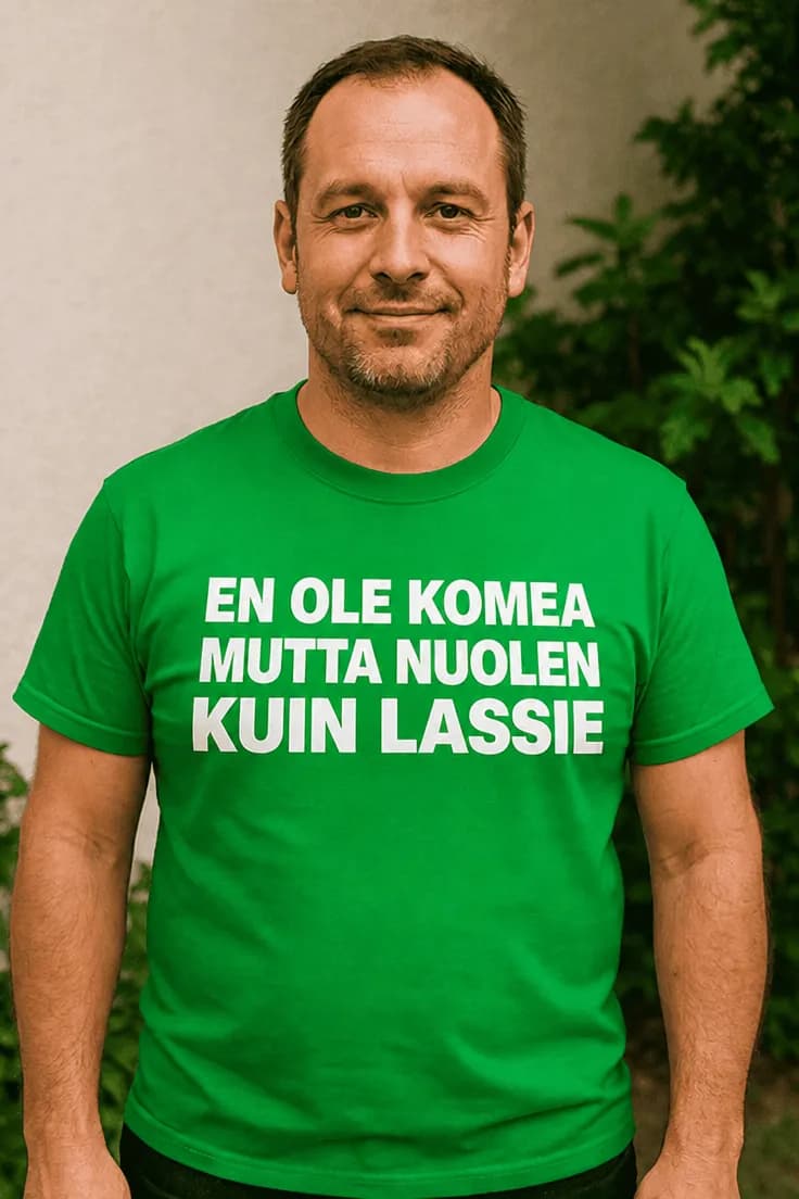 Hauska t-paita Nuolen kuin Lassie – EN OLE KOMEA