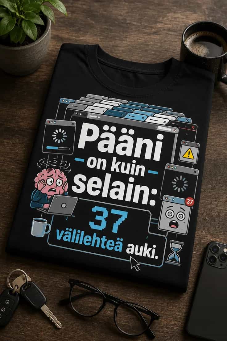 Hauska t-paita: Pääni on kuin selain: 37 välilehteä auki