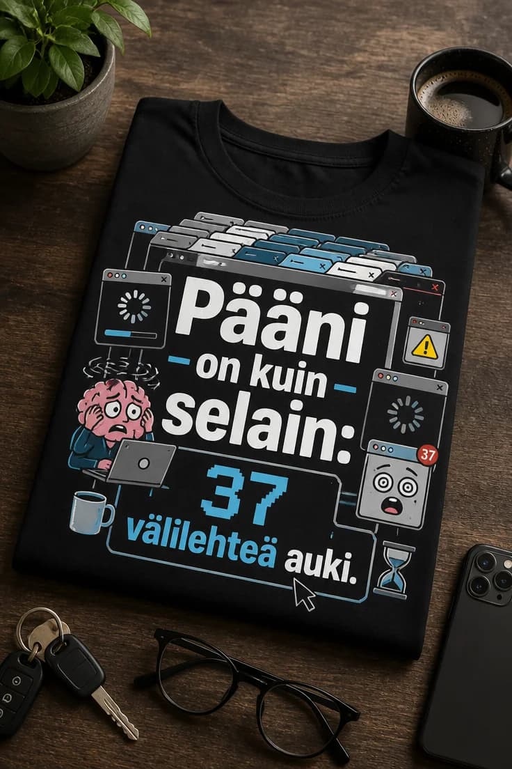 Hauska t-paita: Pääni on kuin selain: 37 välilehteä auki