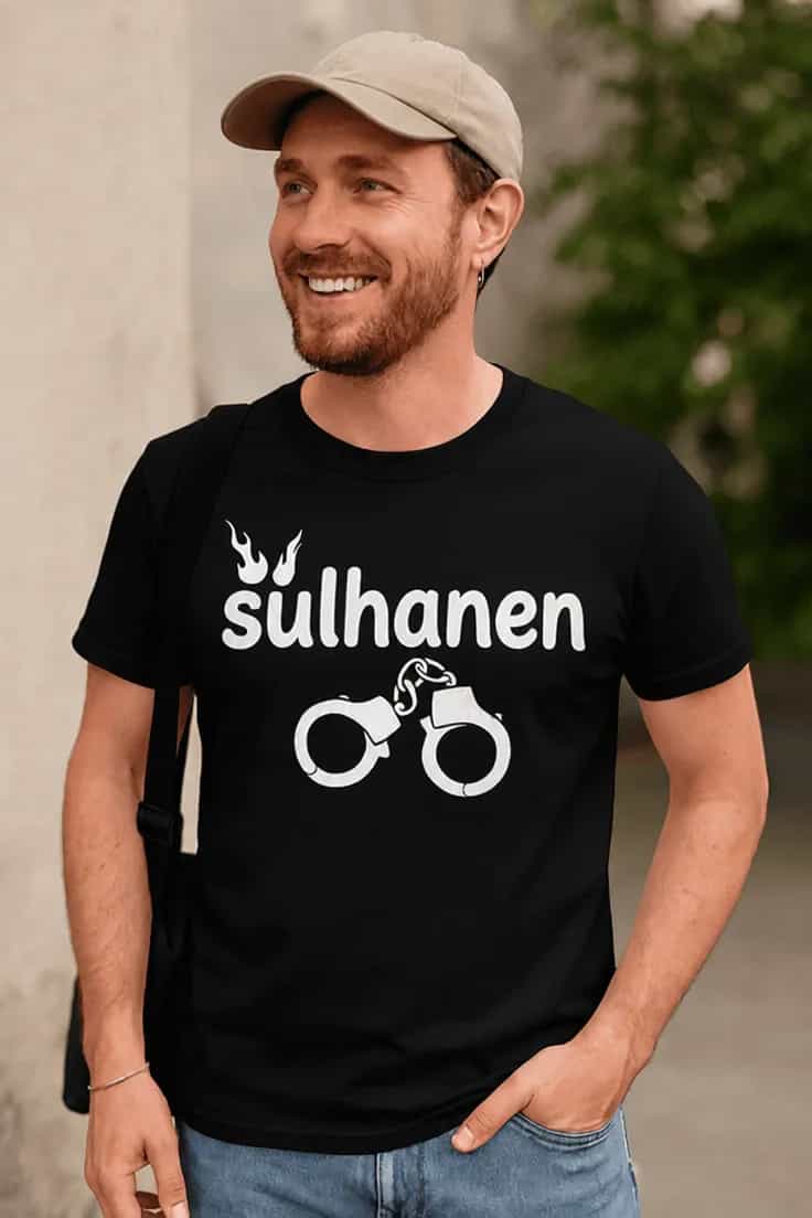 Hauska t-paita Sulhanen käsiraudoilla – sulhanen