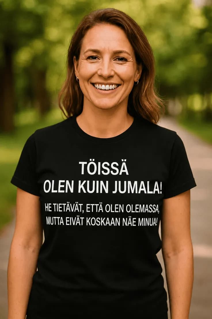 Hauska t-paita Töissä kuin jumala – TÖISSÄ