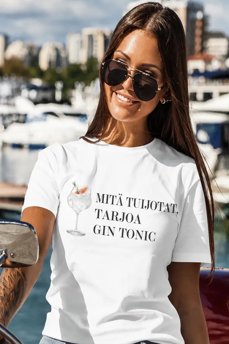 Hauska t-paita Tarjoa gin tonic – MITÄ TUIJOTAT