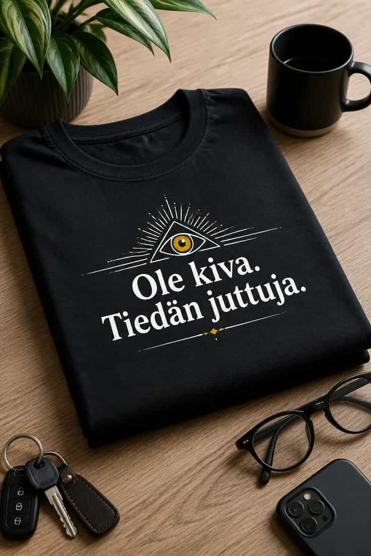 Hauska t-paita tekstillä Ole kiva. Tiedän juttuja.
