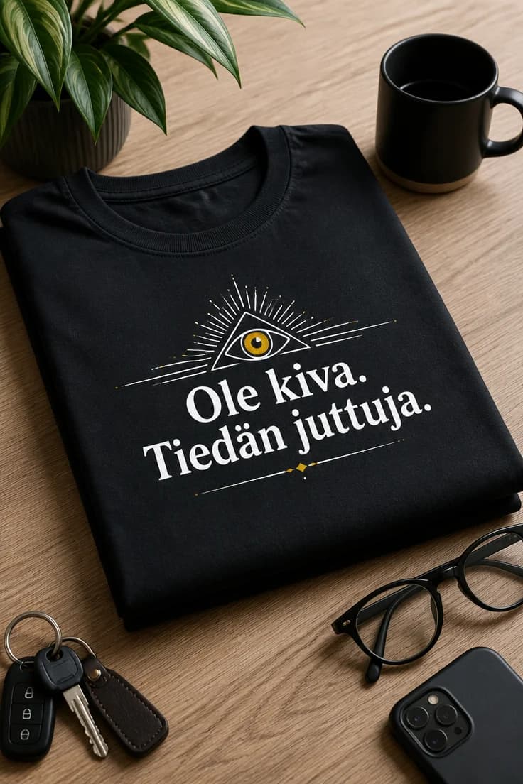 Hauska t-paita tekstillä Ole kiva. Tiedän juttuja.