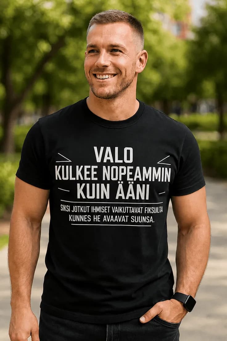 Hauska t-paita Valo kulkee nopeammin – VALO