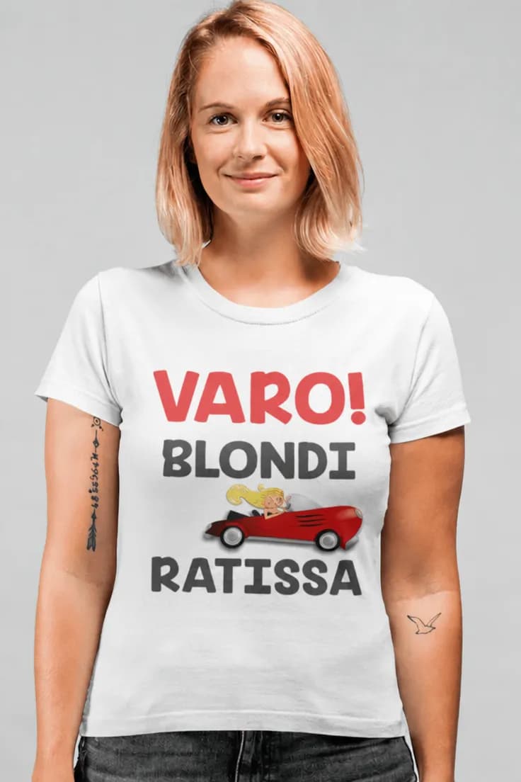 Hauska t-paita Varo blondi ratissa – VARO! BLONDI