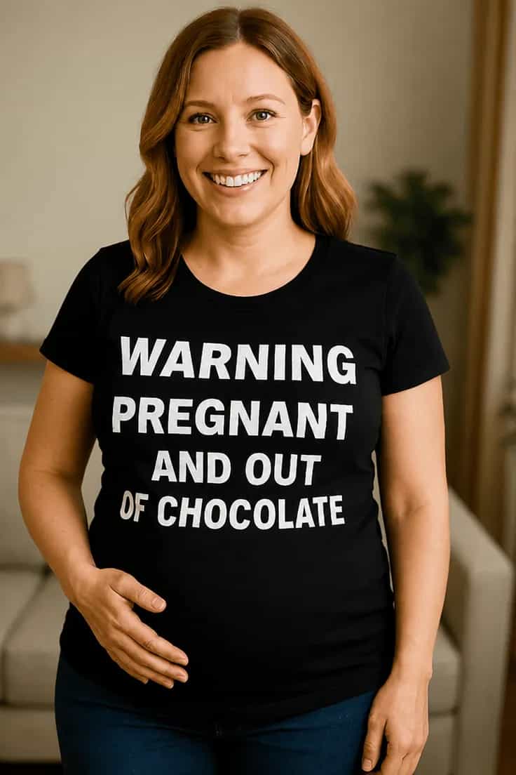 Äitiys t-paita Raskaana ilman suklaata | WARNING PREGNANT