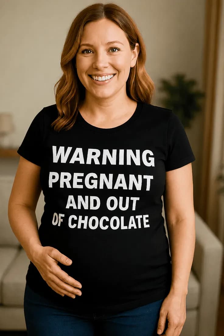 Äitiys t-paita Raskaana ilman suklaata | WARNING PREGNANT