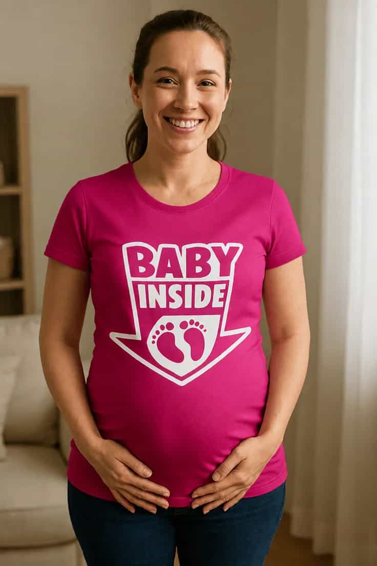 Äitiys t-paita Vauva masussa jalanjäljet BABY INSIDE