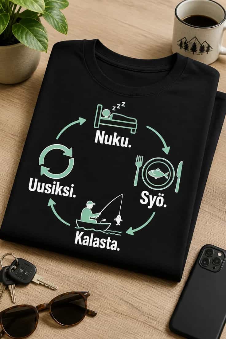 Kalastus-T-paita – Nuku. Syö. Kalasta. Uusiksi.