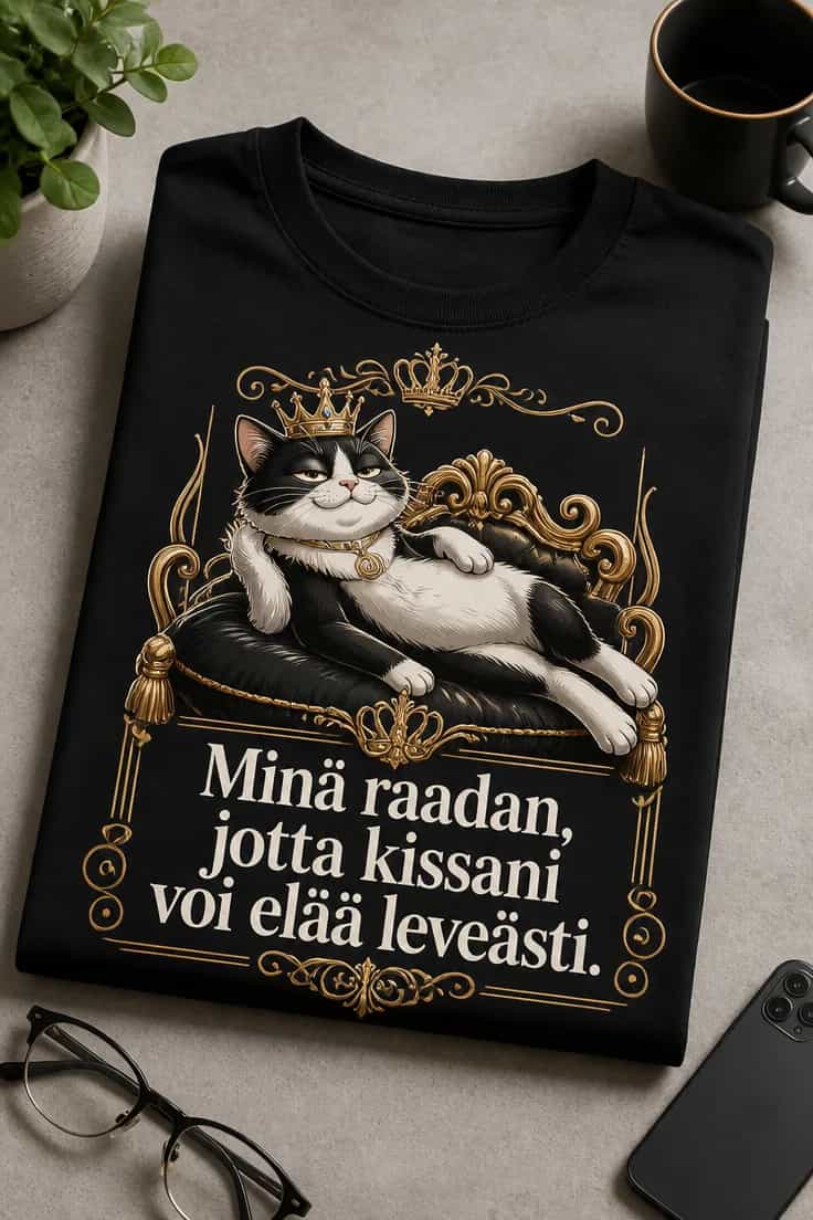 T-paita – Minä raadan, jotta kissani voi elää leveästi