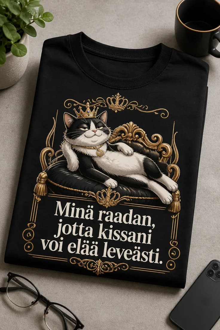 T-paita – Minä raadan, jotta kissani voi elää leveästi