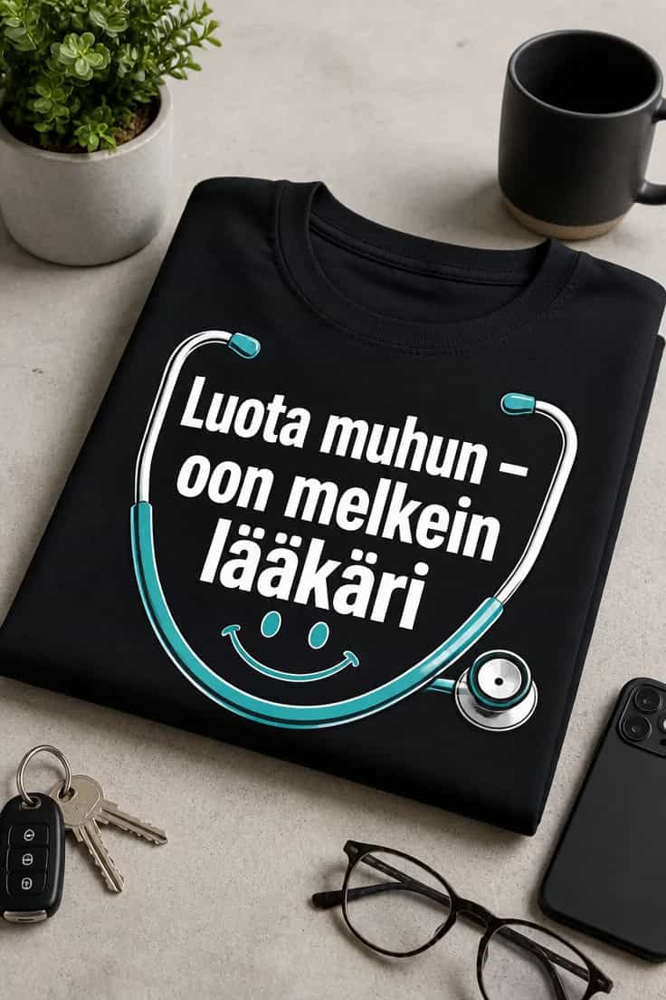 Lääkärilahja-T-paita: Luota muhun – oon melkein lääkäri