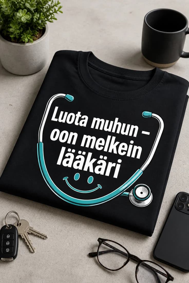 Lääkärilahja-T-paita: Luota muhun – oon melkein lääkäri