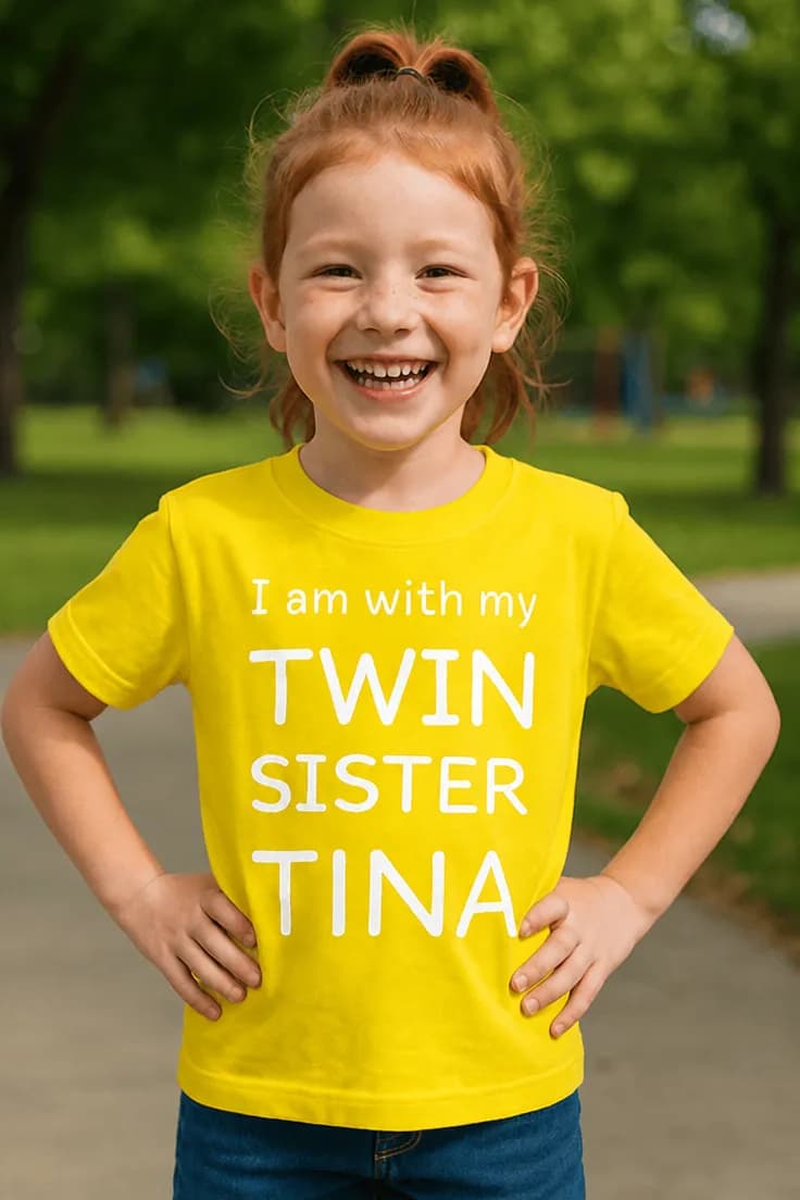 Lasten t-paita Kaksoissisko nimellä – I am with my TWIN