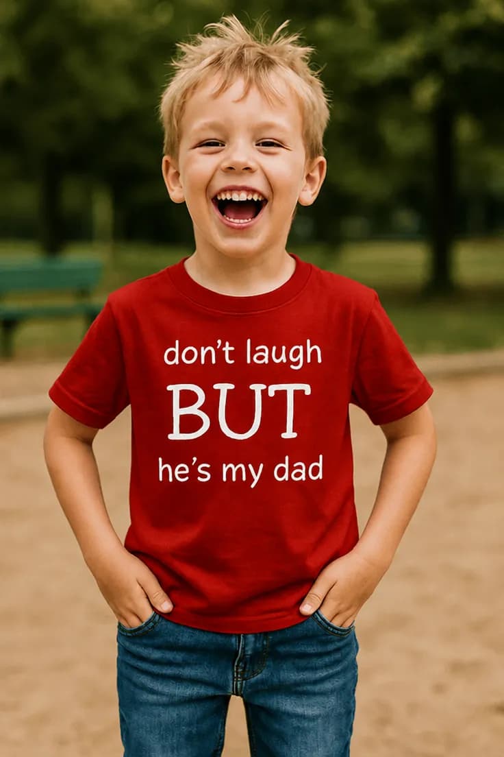 Lasten t-paita Älä naura isäni – don't laugh BUT he's