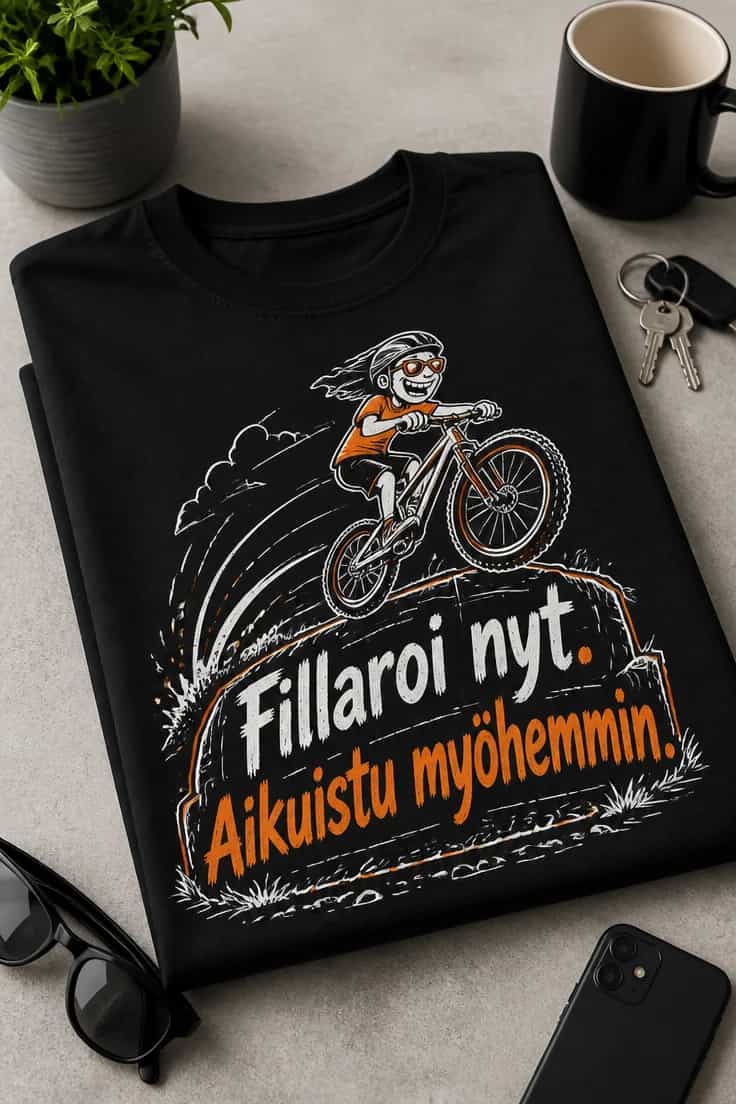 Pyöräily-T-paita: Fillaroi nyt. Aikuistu myöhemmin.