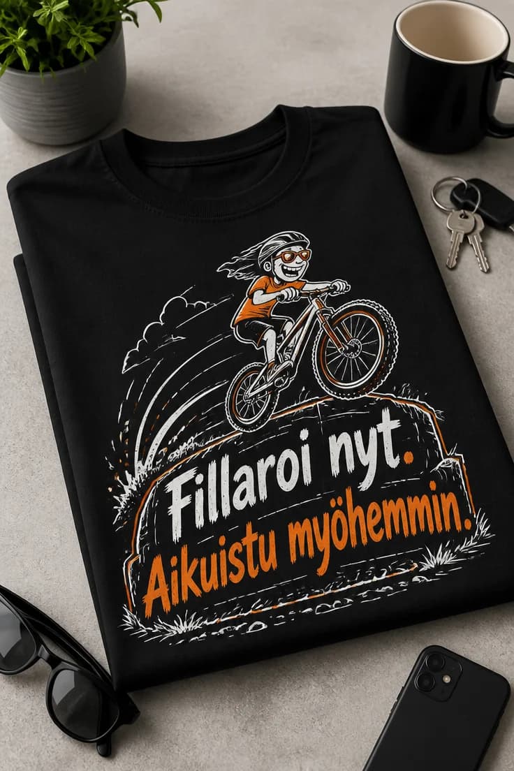 Pyöräily-T-paita: Fillaroi nyt. Aikuistu myöhemmin.