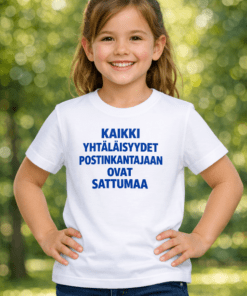 Hauska lasten t-paita: KAIKKI YHTÄLÄISYYDET POSTINKANTAJAN KANSSA OVAT SATTUMAA