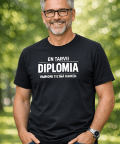 Hauska t-paita: En tarvi diplomia – vaimoni tietää kaiken