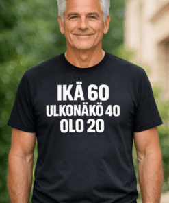 Hauska t-paita: Ikä 60, ulkonäkö 40, olo 20