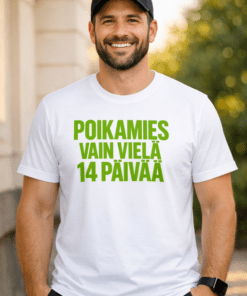 Hauska t-paita Poikamies vain vielä 14 päivää