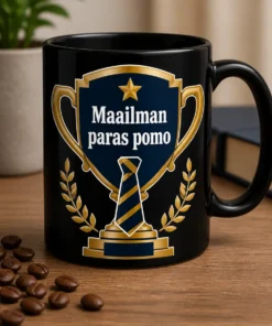 Musta tai tummansininen boss-paita, jossa on tyylitelty palkintomerkki, pieni kravatti ja tähti sekä teksti Maailman paras pomo.