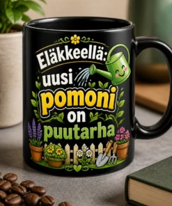 Hauska eläkkeelle jäämisen lahjamuki tekstillä Eläkkeellä: uusi pomoni on puutarha, puutarhateemalla ja kastelukannulla.
