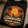 Eläkkeelle jäämisen t-paita tekstillä Eläkkeellä. Vihdoin vapaa. Auringonlasku, palmut ja lomafiilis.