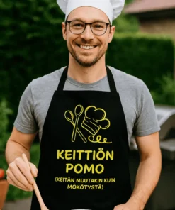 Esiliina Keittiön pomo hauska lahja keittiöön tekstillä KEITTIÖN POMO (KEITÄN MUUTAKIN KUIN MÖKÖTYSTÄ)