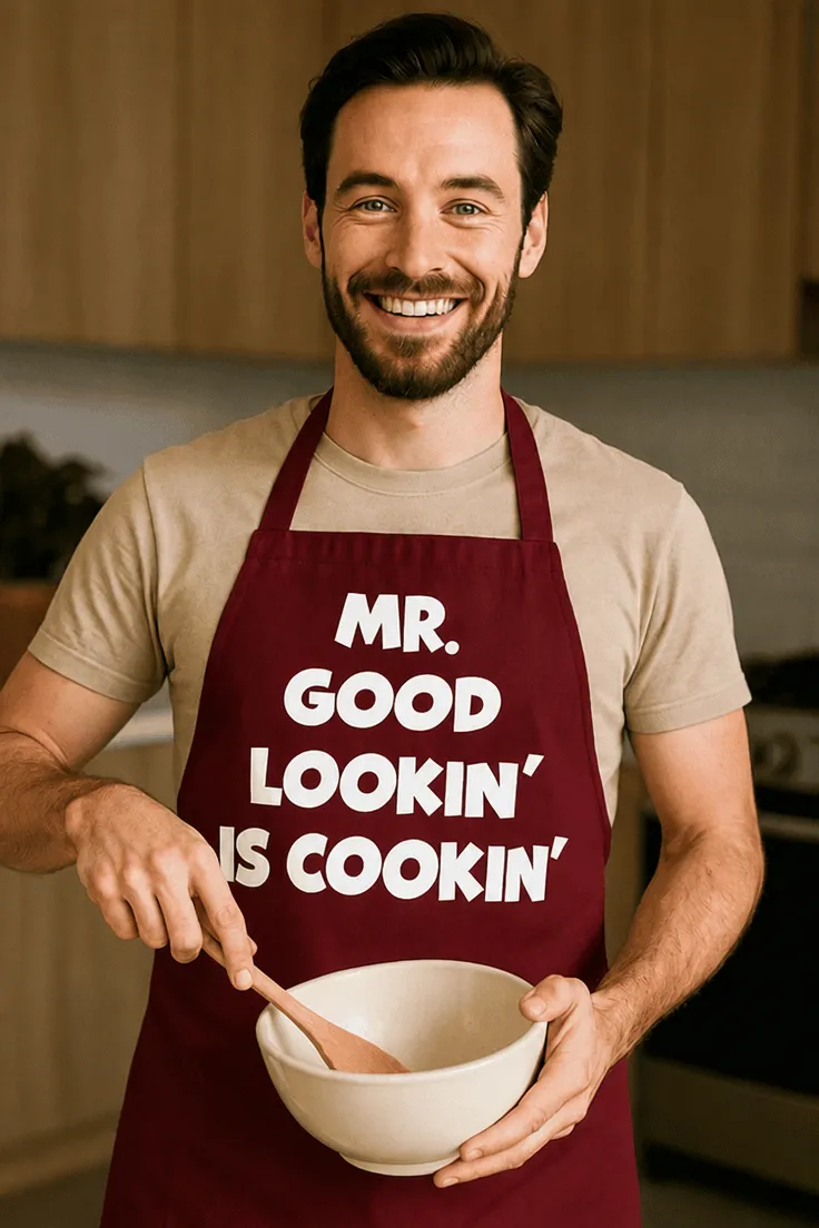 Esiliina Mr good lookin kokkaa hauskalla MR. GOOD LOOKIN' NS COOKIN' -painatuksella