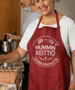 Esiliina Mummin keittiö täynnä rakkautta hauskalla painatuksella lahjaksi mummille